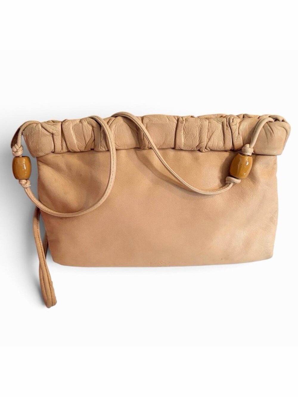 Loewe Flamenco Nude Leather Crossbody Bag Zip Top w/ Wood Bead Accents